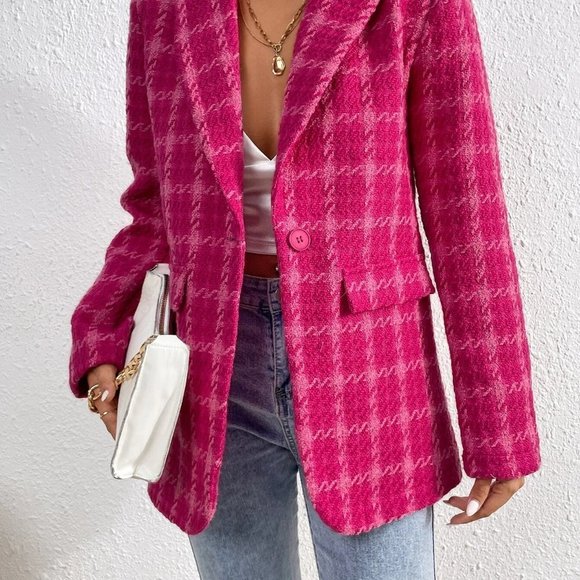 Pink Preppy Womens Plaid Lapel Collar Overcoat - Picture 2 of 5